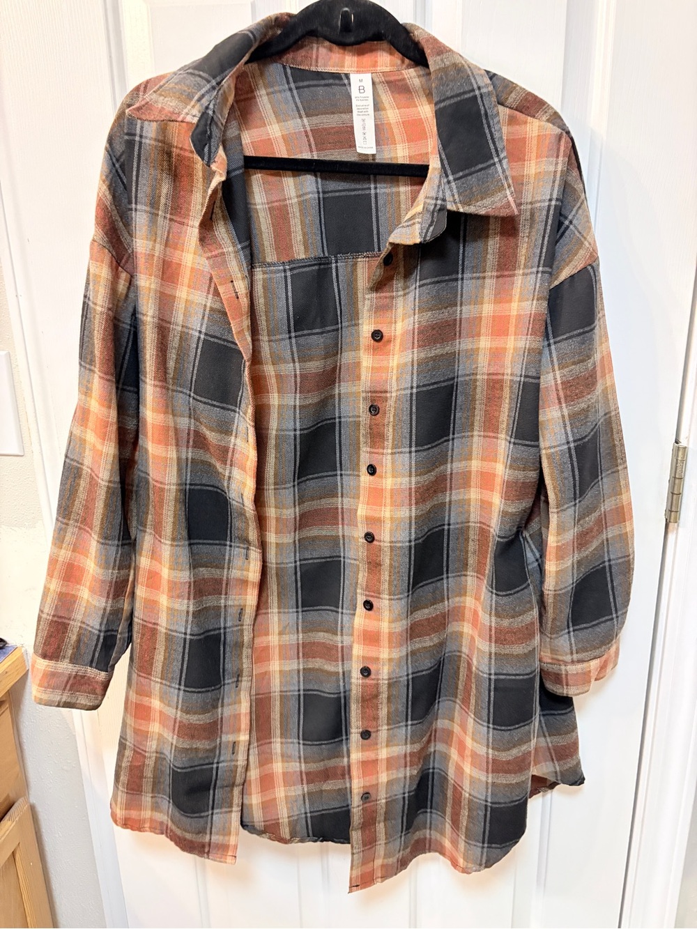 Women’s long length plaid flannel Button-Up Shirt in Rust & Charcoal
